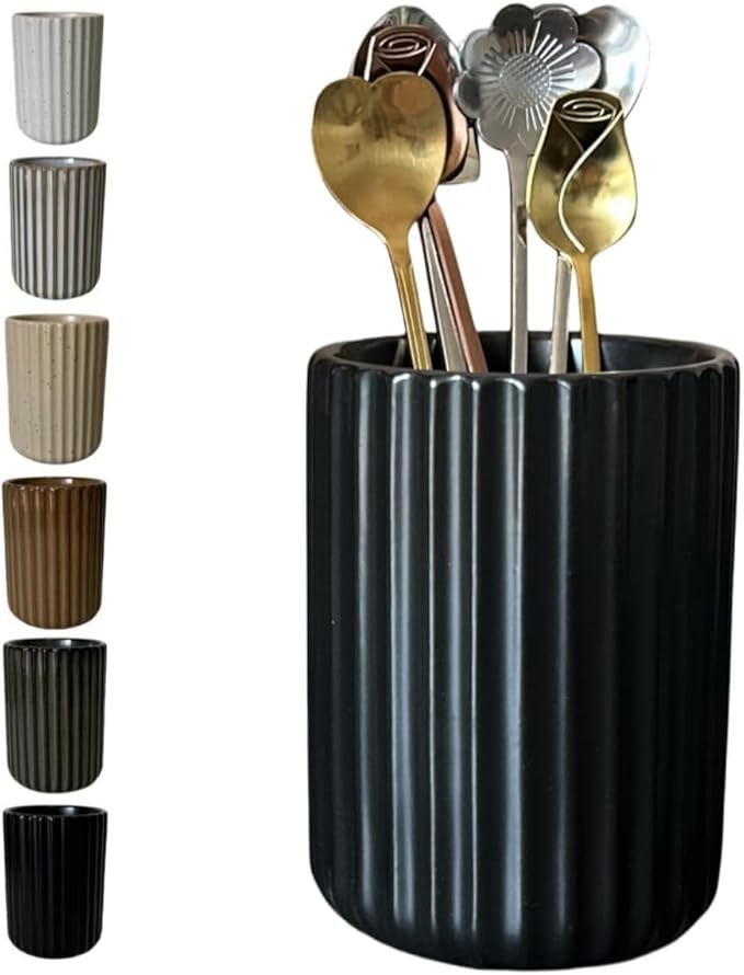 TOPYOKK Stoneware Coffee Bar Utensil Holder Tea & Coffee Spoon & Stirrer Holder for Stir Stick Straw Teaspoon Holder Spoon Cup Small Utensil Jar Fluted Vertical Stripe (Matte Black)