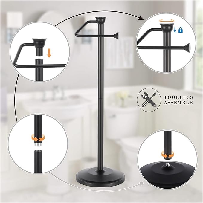 ZCCZ - Free Standing Toilet Paper Holder Stand with Reserve, Bathroom Tissue Dispenser Storage for 5 Mega Rolls, Black Toilet Paper Roll Organizer for Modern Bathrooms
