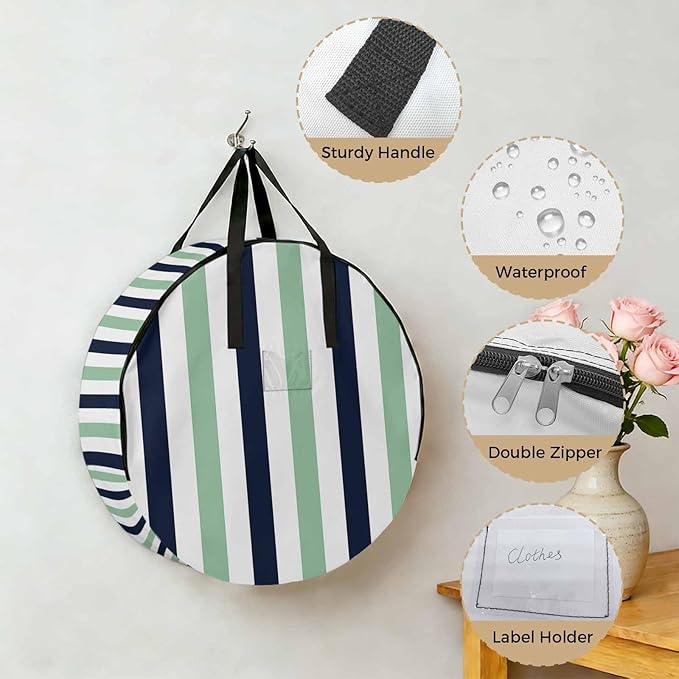 Storage Bag Navy Blue Stripes Round Storage Totes Bins Closet Organizers with Zippers & Handle Green Contrast Striped Clothes Storage Container for Bedroom Dorm Space Saving Packing Supplies Bags