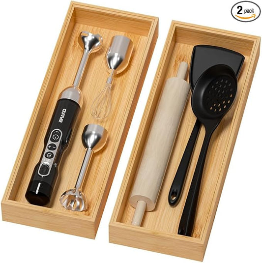 Lixple Bamboo Drawer Organizer for Kitchen & Bath, Extra Large Stackable Tray for Silverware, Toiletries & Utensils, 2 Pcs, 17" x 6" x 2" (Outer), 16.3" x 5.3" x 1.77" (Inner)