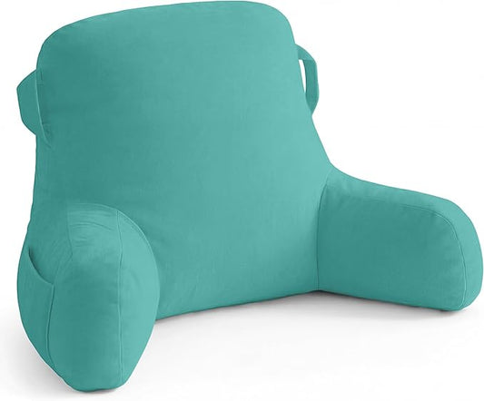 Unisakey Portable Comfy Reading Pillows for Bed Sitting Up(Lake Blue Oeko-Tex), Velvet Back Pillow with Arms & Pockets for Adults, Support Memory Foam Bed Pillow for Dorm/Reading/Watching/Gaming