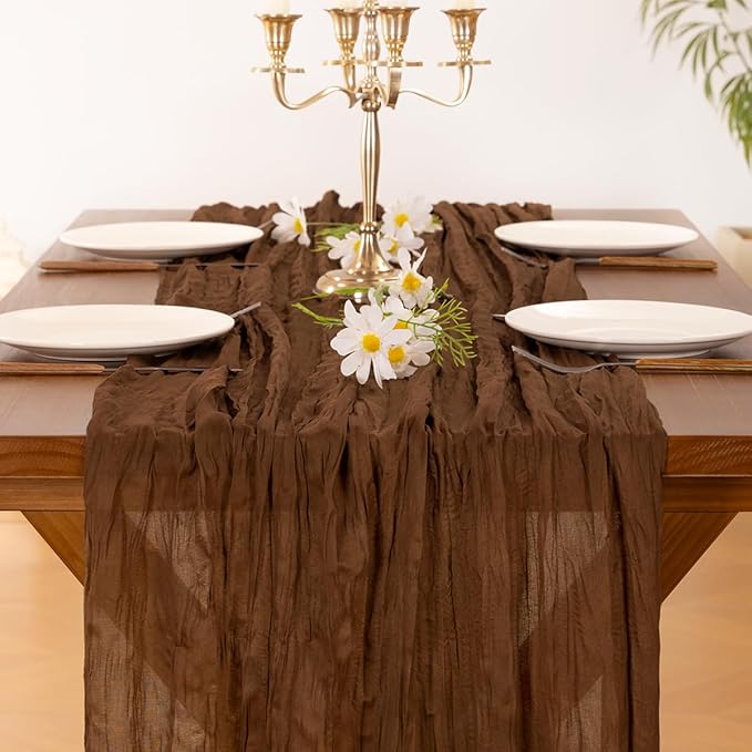 Socomi 3pcs Brown Coffee Easter Spring Cheesecloth Table Runner Boho Rustic Gauze 120 inch 10FT Cheese Cloth Runner for Wedding Party Baby Shower Birthday Home Decor Holiday Decorations