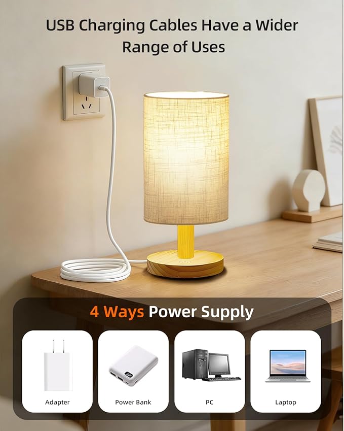 Small Touch Table Lamp for Bedroom, Portable LED Desk Lamps, 3 Color Stepless Dimming Up, Wood Base Round Flaxen Fabric Shade for Kids Room, Living Room, College Dorm, Home, Office