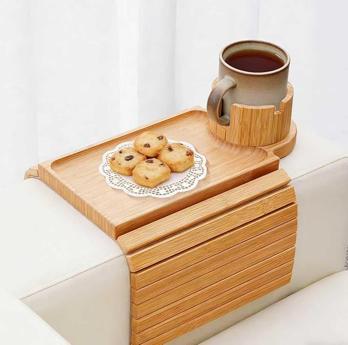 Bamboo Sofa Armrest Tray , 3 in 1 Large Couch Cup Holder Tray with Anti-Slip Pad, Stable Couch Arm Tray for Eating Drinking, Fits Wide Square & Flat Sofa/Couch Arms