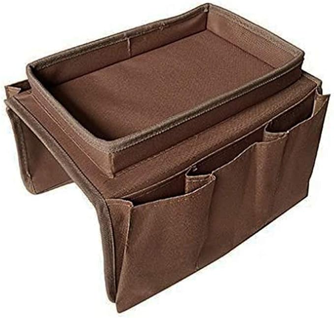 Sofa Armrest Organizer, Couch TV Remote Storage Organizer with Pockets for Recliner Armchair Snacks Glasses Smartphone Magazines Pouch (1Brown)