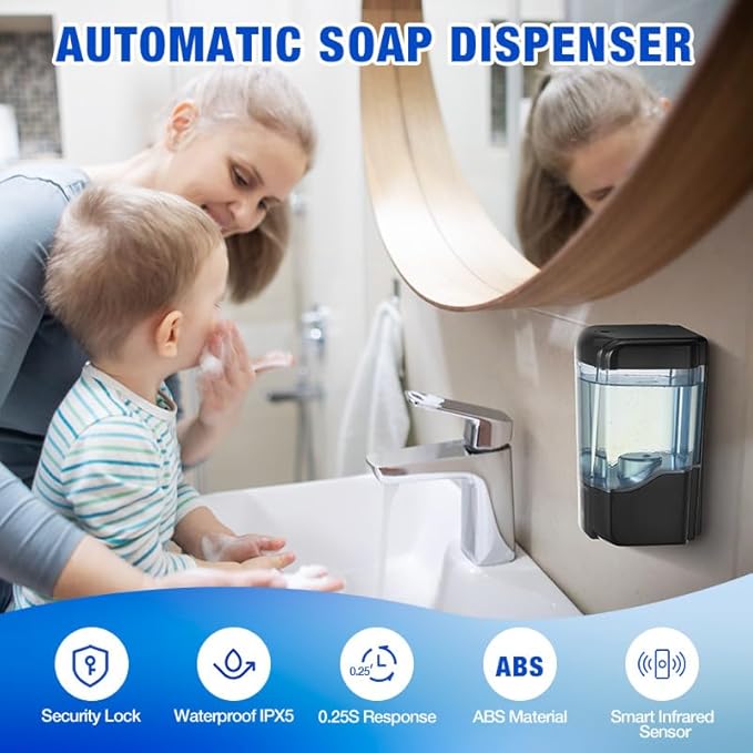2 Pack Automatic Soap Dispenser Touchless,600 ml / 20 oz Commercial Hand Soap Dispenser,Wall Mount Hand sanitizer Dispenser for Bathroom Offices Home Kitchen Hotel（Black）