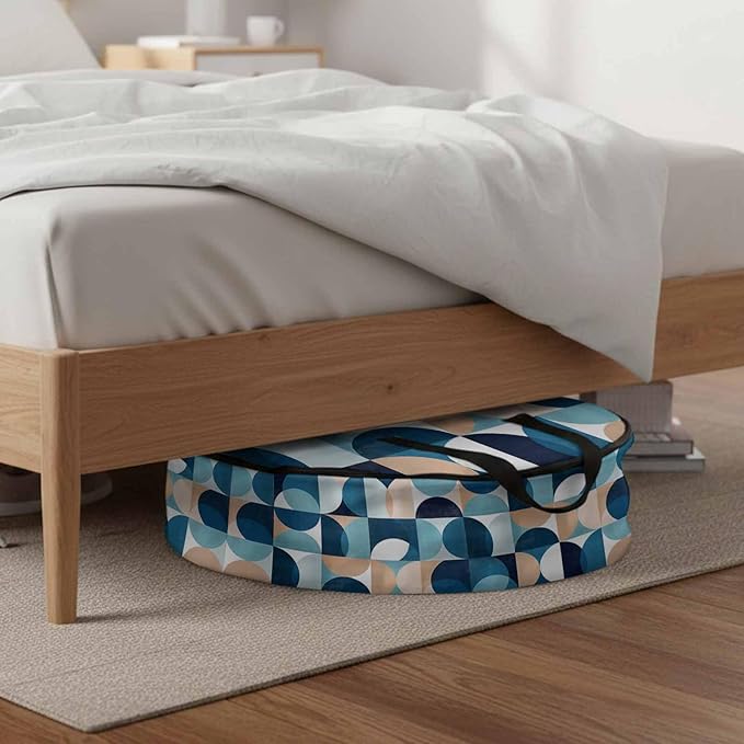 Storage Bag Mid Century Geometric Round Storage Totes Bins Closet Organizers with Zippers & Handle Abstract Modern Blue Clothes Storage Container for Bedroom Dorm Space Saving Packing Supplies Bags