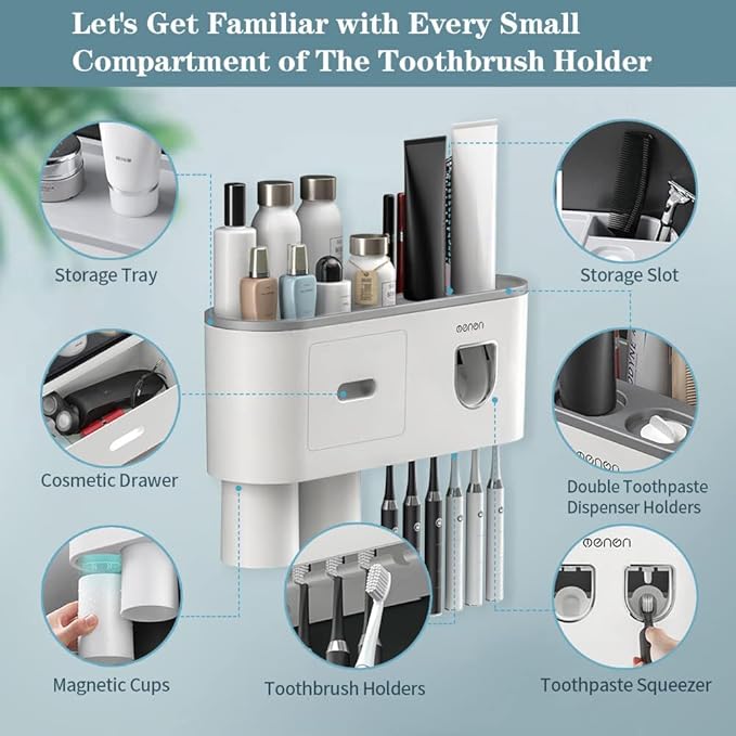 Toothbrush Holders for Bathrooms Wall Mounted, 6 Slot Toothbrush Holder with 2 Automatic Toothpaste Dispensers, 2 Magnetic Cups, Large Capacity Bathroom Organizer, Wall Storage with Drawer