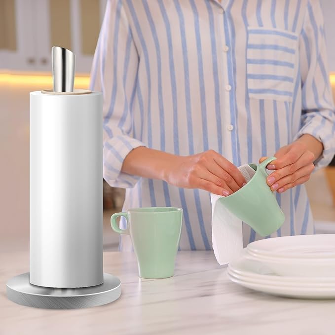JOGREFUL Paper Towel Holder Stand, Stainless Steel Kitchen Paper Towel Countertop Stand with Streamline Body, Bathroom Organization for Family Standard Large Size Roll Paper, Sliver