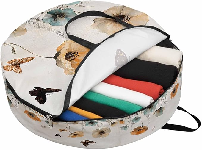 Blue Brown Floral Round Storage Bag 36 Inch, Butterfly Plant Pastoral Style Clothes Storage Container with Handles Heavy Duty Organizer for Comforter, Bedding & Holiday Wreaths