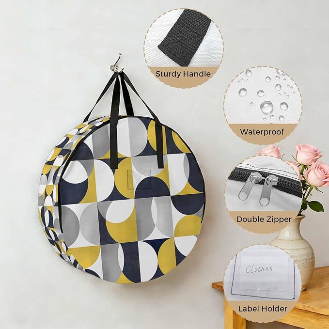 Storage Bag Mid Century Geometric Round Storage Totes Bins Closet Organizers with Zippers & Handle Abstract Modern Yellow Clothes Storage Container for Bedroom Dorm Space Saving Packing Supplies Bags