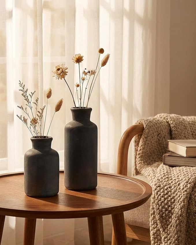 Black Ceramic Vases Set – Rustic Vintage Matte Decorative Flower Vases with Brushed Gold Effect for Home Decor, Living Room, Dining Table & Mantel Centerpieces