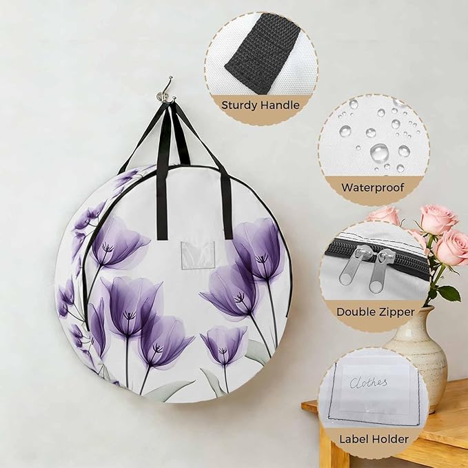 Spring Floral Round Storage Bag 30 Inch, Purple X-ray Tulip Looming Flower Leaf Modern Clothes Storage Container with Handles Heavy Duty Organizer for Comforter, Bedding & Holiday Wreaths