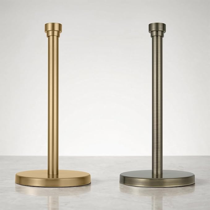 Warm Gold Paper Towel Holder Countertop, Freestanding Paper Towel Stand with Weighted Non-Slip Base, Easy Assembly, Unique Decorative End Cap for Kitchen and Bathroom