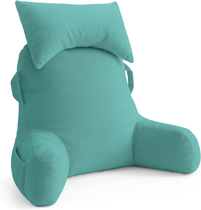 Unisakey Portable Reading Pillows with Headrest for Bed Sitting Up(Lake Blue Oeko-Tex), Velvet Back Pillow with Arms & Pockets for Adults, Support Memory Foam Bed Pillow for Dorm/Watching/Gaming