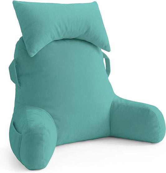 Unisakey Portable Reading Pillows with Headrest for Bed Sitting Up(Lake Blue Oeko-Tex), Velvet Back Pillow with Arms & Pockets for Adults, Support Memory Foam Bed Pillow for Dorm/Watching/Gaming