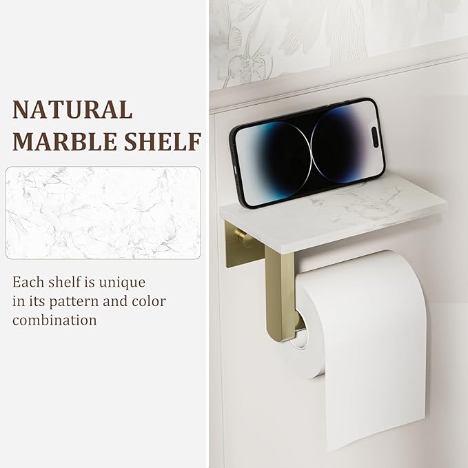 BWE Brushed Gold Toilet Paper Holder with Marble Shelf, Toilet Paper Roll Holder Wall Mounted, Toilet Paper Roll Holder with Phone Shelf 304 Stainless Steel Tissue Holder for Bathroom Washroom