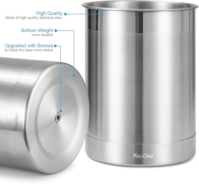KSENDALO Stainless Steel Utensil Holder for Counter(2Pack), Brushed Silver Drying Metal Utensil Crock Canister for Cooking Utensils on Countertop, with Heavy Base, Dishwasher Safe, Silver
