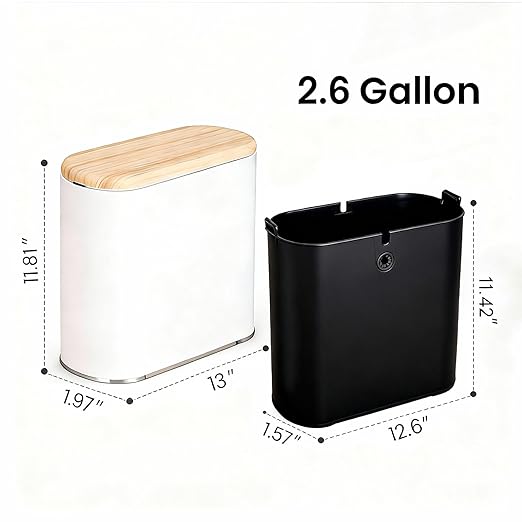 Small Bathroom Trash Can with Lid, 10L/2.6 Gal Slim Wastebasket - Odor & Pet Proof, Inner Bucket & Wood Grain Top, Plastic White Garbage Can for Kitchen, Bedroom, Living Room, Office, RV