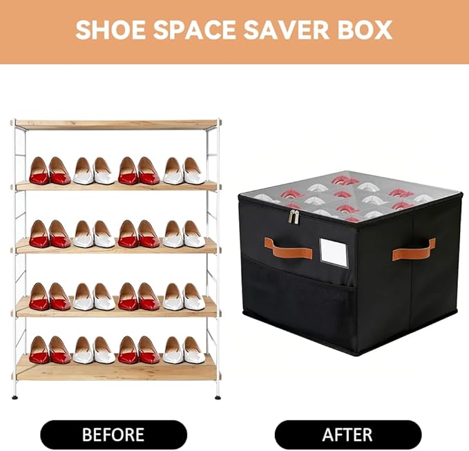 Shoe Organzier for Cloest - Adjustable Shoe Storage Box Fits 8-16 pairs,shoe Bin with Pop-Up dividers,Space Saver shoes Box organizer with Clear Dust Cover,Foldable shoe Cubby Storage Containers