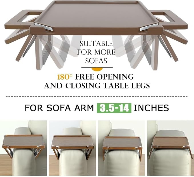 Smatdecis Couch Arm Tray Table Sofa Arm Clip, Armrest Tray Table Suitable for Home Drinks/Fast Food/Fruit Etc, Large Size Multi-Function Brown(Dual Phone/Tablet Holder)