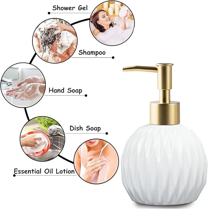 Ceramic Soap Dispenser White with Gold Pump,Modern Design Cylindrical Lotion Dispenser Bottle,Refillable Liquid Hand Soap Dispenser for Kitchen,Bathroom,Washroom