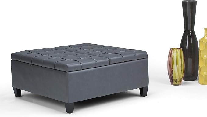 SIMPLIHOME Harrison Coffee Table Storage Ottoman - 36 inch Wide Upholstered Vegan Leather Square Lift-Top Ottoman in Stone Grey, Transitional Ottoman for Living Room with Hidden Storage