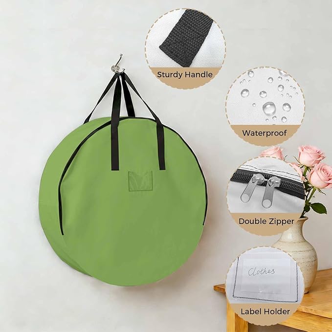 30 Inch Round Storage Bag 1 Pack,Watercolor Green Waterproof Wreath Storage Container with Handles&Zipper Solid Color Closet Organizer Bags Garland Box