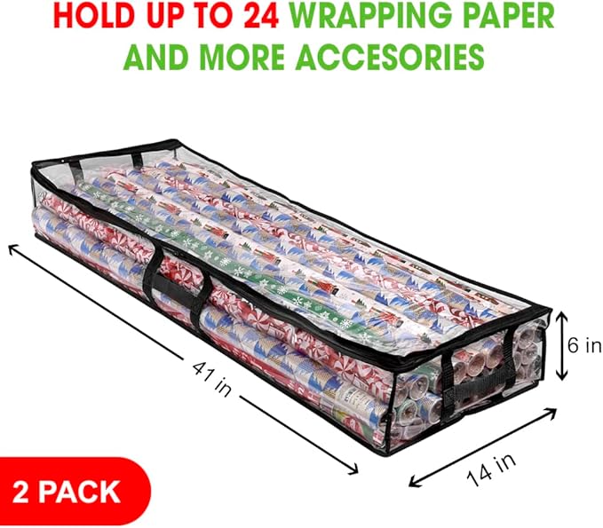 ProPik Wrapping Paper Box | Underbed Gift Wrap Storage & Organizer | 41”x14”x6” Fits 18-24 Rolls Up to 40” Long Roll | Holder for Ribbon, Bows and Accessories 2 Pack (Black)