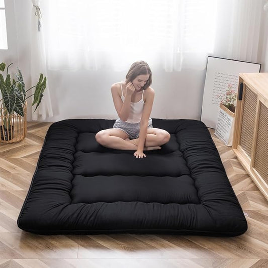MAXYOYO Japanese Floor Mattress Futon Mattress, 4" Thicken Tatami Mat Sleeping Pad Foldable Roll Up Mat Boys Girls Dormitory Pad Kids Floor Lounger, Black, Twin Size