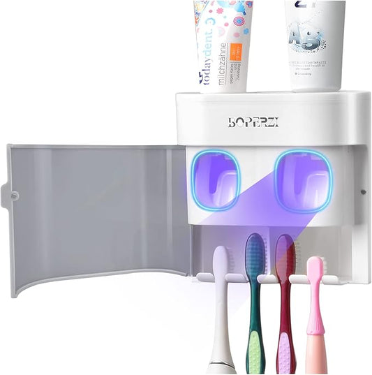Boperzi Toothbrush Holder Wall Mounted Toothpaste Dispenser Gray Dustproof Cover for Shower Bathroom Set with 2 Toothpaste Squeezers (Not Electric)