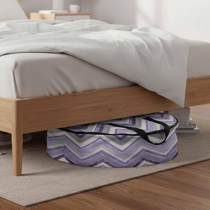 Storage Bag Purple Grey Chevron Round Storage Totes Bins Closet Organizers with Zippers & Handle Geometric Design Stripe Clothes Storage Container for Bedroom Dorm Space Saving Packing Supplies Bags