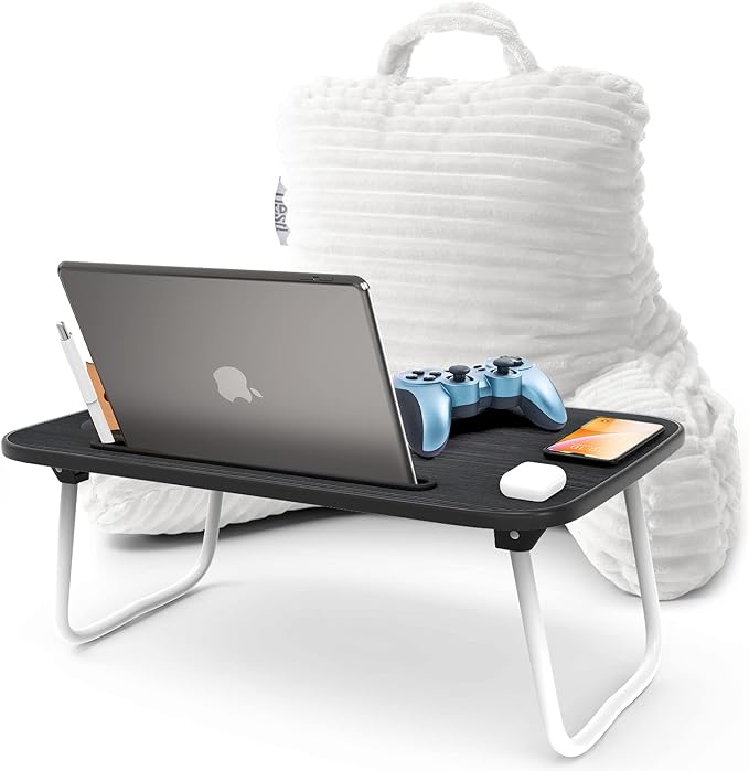 Nestl White Reading Pillow with Bed Desk for Laptop and Writing, Luxe Cut Plush Back Pillow for Sitting Up, Back and Arms Adjustable Support for Kids and Teens, Foldable Lap Desk for Bed 19x11”