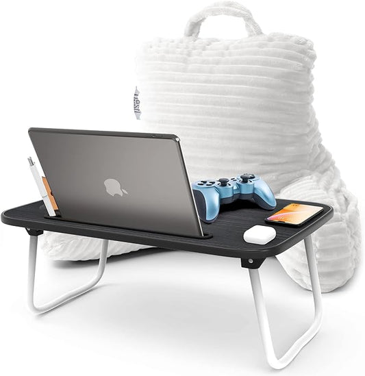 Nestl White Reading Pillow with Bed Desk for Laptop and Writing, Luxe Cut Plush Back Pillow for Sitting Up, Back and Arms Adjustable Support for Kids and Teens, Foldable Lap Desk for Bed 19x11”
