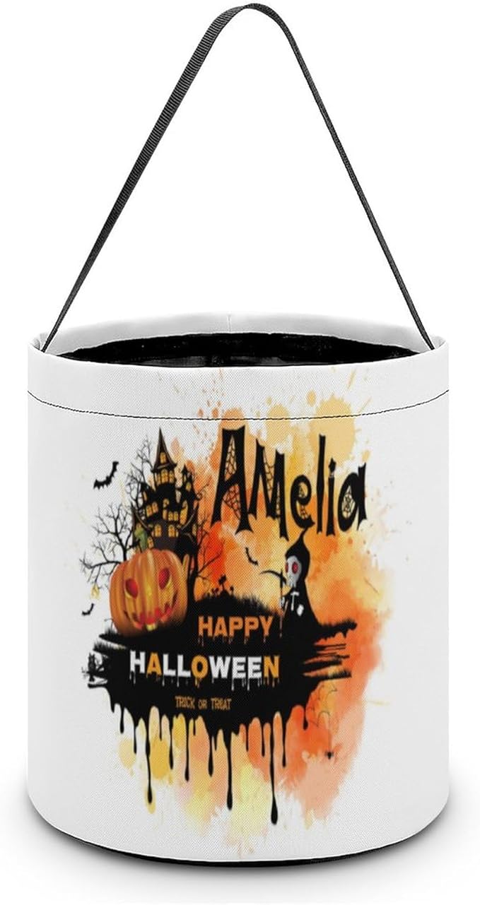 Personalized Halloween Trick or Treat Candy Bag with Name Custom Text Party Tote Bucket Halloween Candy Basket Gift (Bag-10)