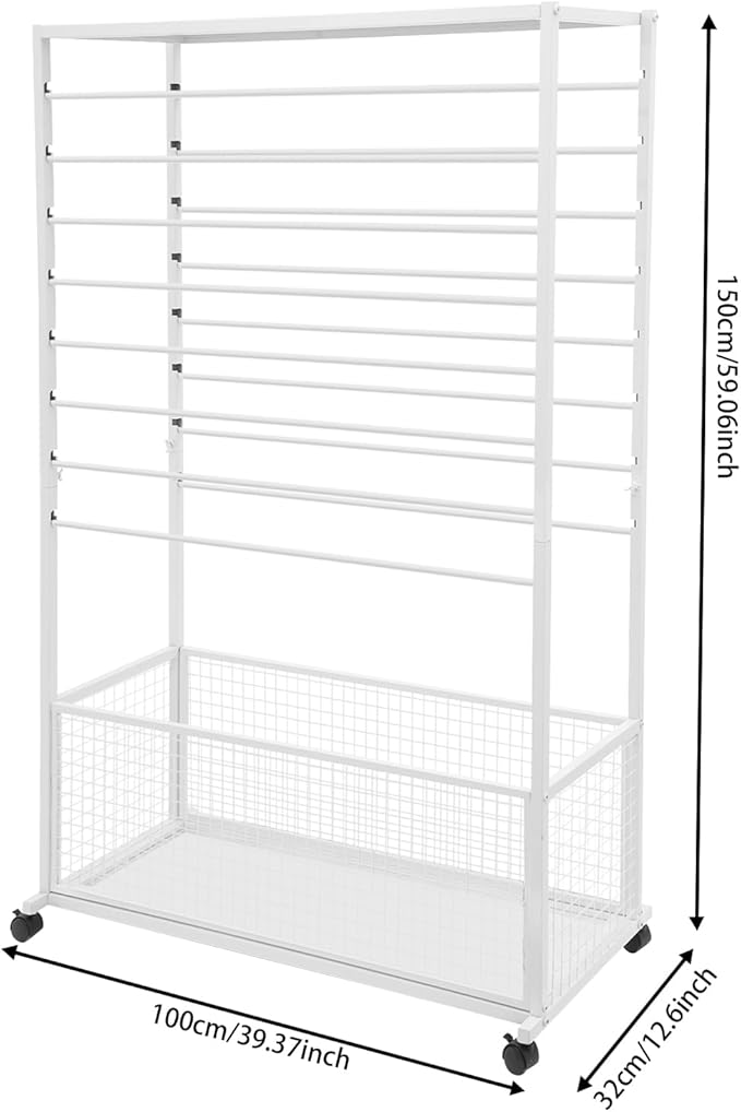 16 Tier Ribbon Holder Organizer Rack, Metal Double-Sided Ribbon Spool Storage Shelf with Wheels, Rolling Flower Wrapping Paper Storage Stand for Craft Room Flower Shop Gift Wrapping(Wider, White)