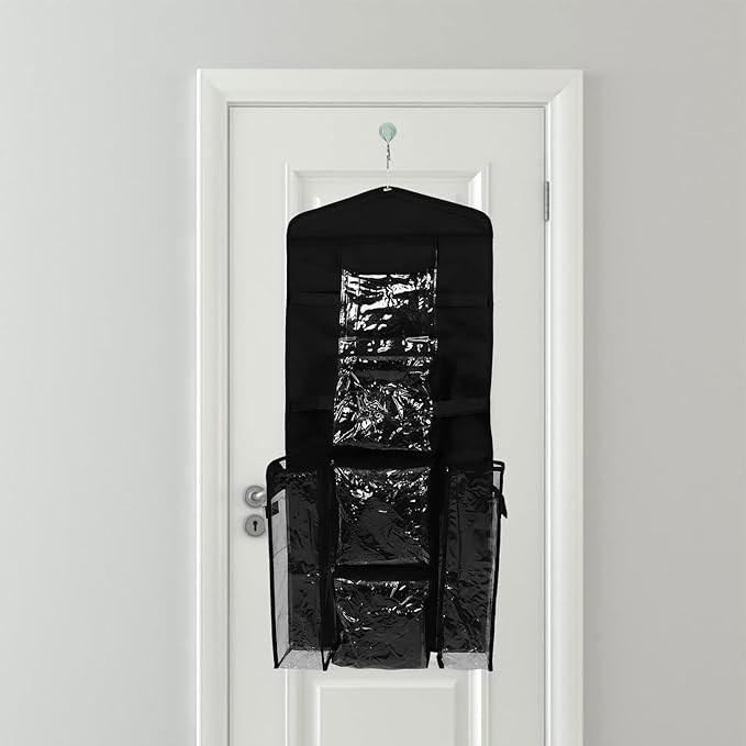 Hemobllo The Door Hanging Storage Organizer Bag for Wrap and Sundries, Black Fabric Hanging Pocket Organizer with Multiple Compartments for Closet and Door Storage