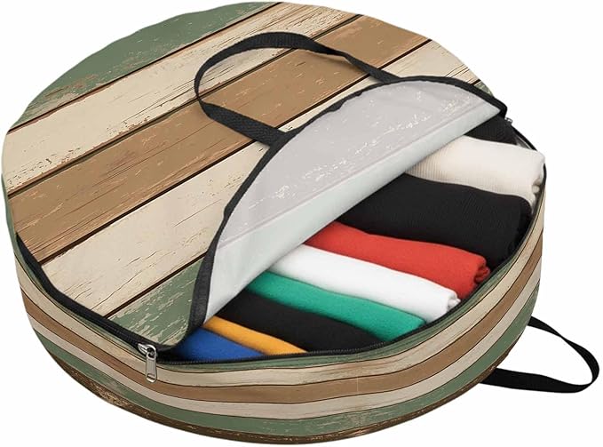 Retro Round Storage Bag 36 Inch, Brown Green Stripe Antique Wood Background Clothes Storage Container with Handles Heavy Duty Organizer for Comforter, Bedding & Holiday Wreaths