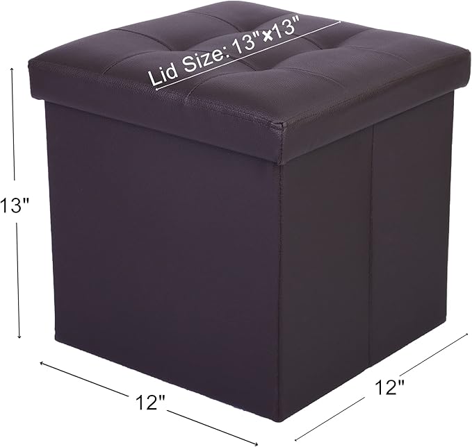 LotFancy Storage Ottoman Cube, Brown Foot Stool Ottoman,13x12x12 inch Square Ottoman with Lid, Faux Leather Seat for Dorm