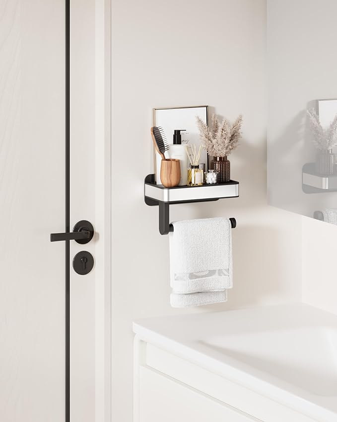 Kitsure Toilet Paper Holder with Shelf - Adhesive & Screw Wall Mount Toilet Paper Storage, Matte Black Design for Bathroom Decor, Space-Saving for Washroom, RV, Black, 7.1" W