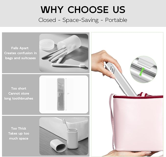 Travel Toothbrush Case, 2Pack Portable Toothbrush Holders, Durable Aluminum Toothbrush Storage Box, Small Breathable Manual Toothbrush Container for Traveling, Camping, Business Trip - Sliver