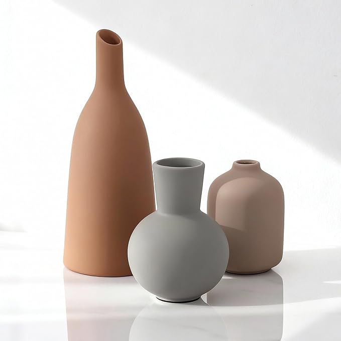 Ceramic Vase Home Table Decor, Pottery Boho Rustic Farmhouse Decor, Small Vases for Coffee & Dinner Table, Mantel, Shelf - Home Decor for Living Room, Bedroom, Office