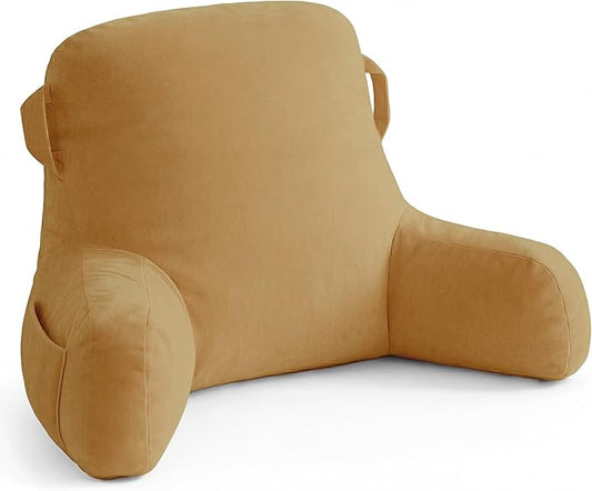 Unisakey Portable Comfy Reading Pillows for Bed Sitting Up(Camel Oeko-Tex), Velvet Back Pillow with Arms & Pockets for Adults, Support Memory Foam Bed Pillow for Dorm/Reading/Watching/Gaming