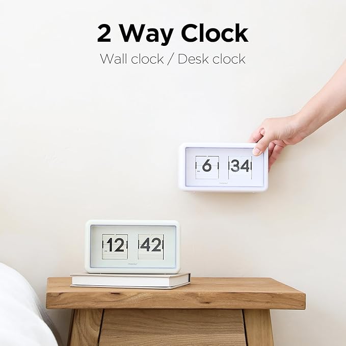 mooas Newtro Flip Desk Clock, Retro Design Auto Flip Clock, Automatic Turning Vintage Flip, Battery Powered, AM/PM, Home Décor Ideal for Home Office School Hotel Café (White)