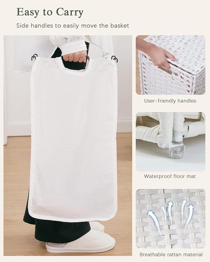 SETVSON Laundry Hamper with Lid Laundry Basket 132 L (35 Gal) Wicker Clothes Hamper, Handwoven Rattan Hamper with Handles and 4 Removable Liner Bags, 6 Mesh Bags for Laundry Bedroom White