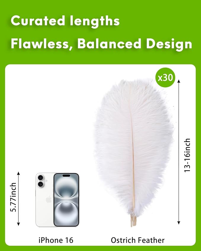 30pcs White Ostrich Feathers Natural Bulk 13-16in(33-40cm) Vase Craft Wedding Home Party Centerpieces Christmas Day Decoration