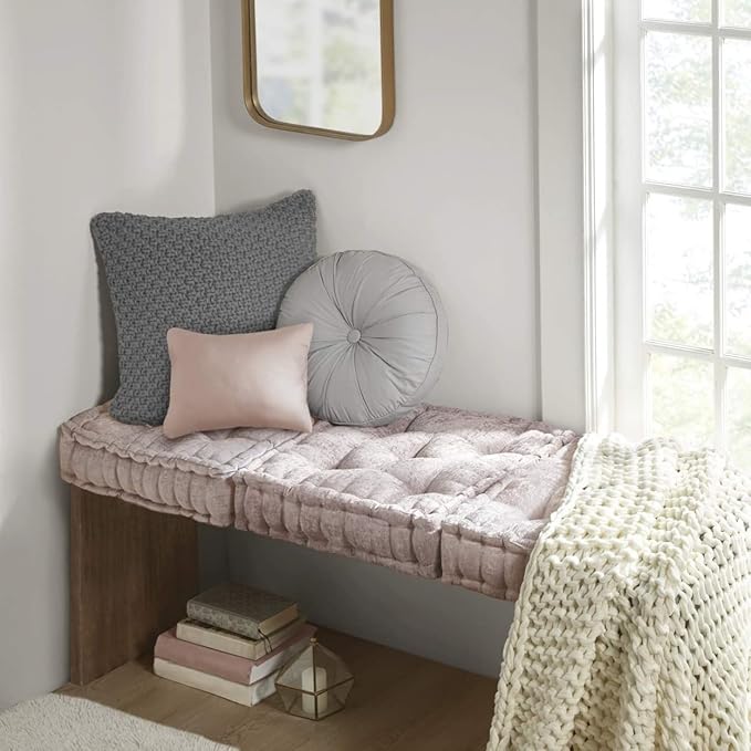 Intelligent Design Azza Floor Pillow, Large Cushions Sitting for Adults, Floor Pillow for Meditation or Yoga, Lustrous Chenille Tufted with Scalloped Edges for Bench/Chair Cushion, 20"x20"x5" Blush