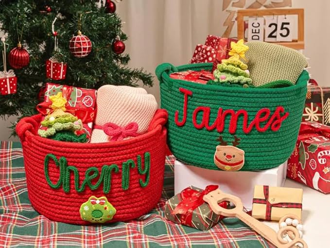 Personalized Handmade Kids Christmas Eve Gift Basket Cotton Rope Storage Basket with Name Large Capacity
