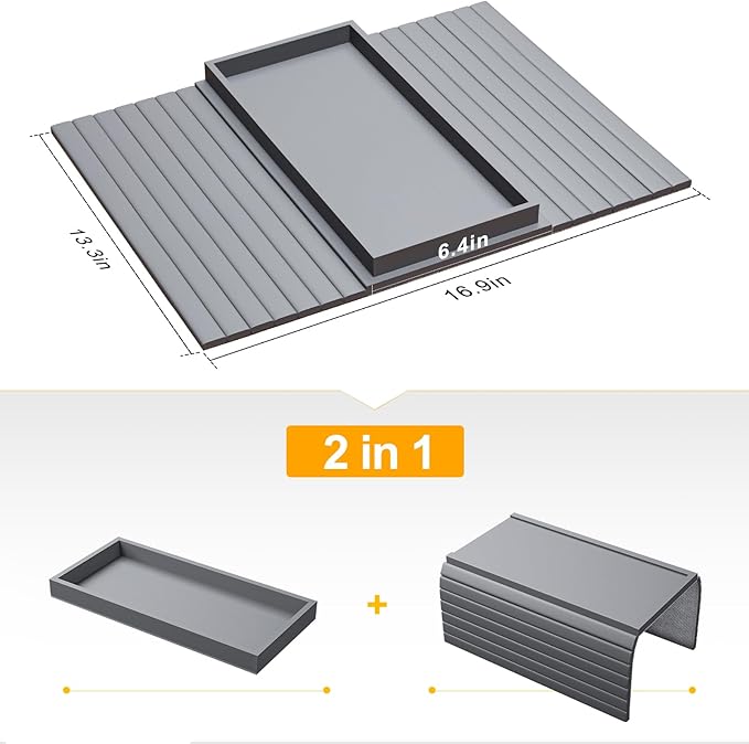 Bestjing Bamboo Sofa Armrest Tray Table for Couch - 2-in-1 Foldable Couch Arm Table with Be Slide Detachable Tray- Anti-Slip Sofa Armchair Caddy for Drinks Cellphone TV Remote Snacks(Gray)