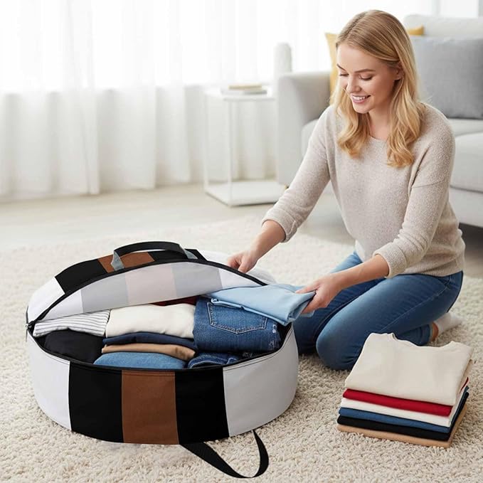 Storage Bag Brown Black White Round Storage Totes Bins Closet Organizers with Zippers & Handle Boho Style Clothes Storage Container for Bedroom Dorm Space Saving Packing Supplies Moving Bags